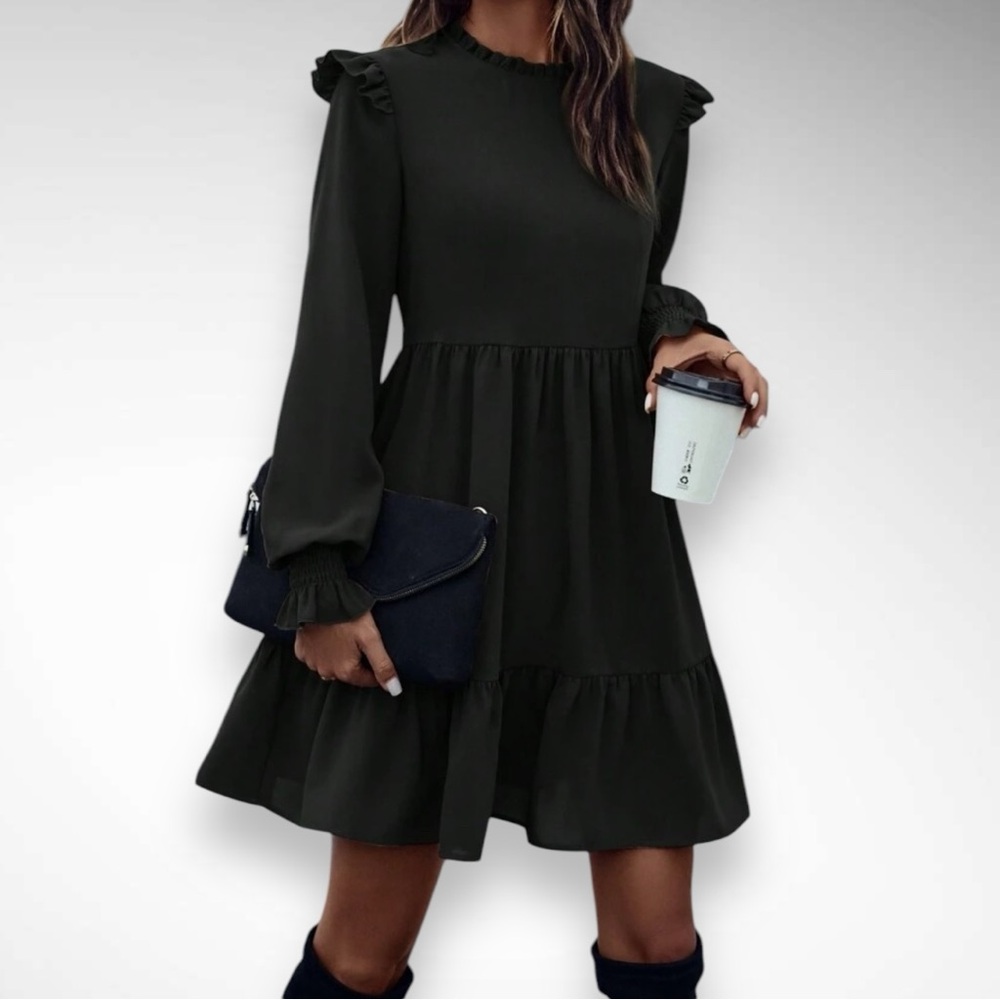 SHEIN LUNE Black Flounce Sleeve Ruffle Hem A-Line Dress Size Small | EUC